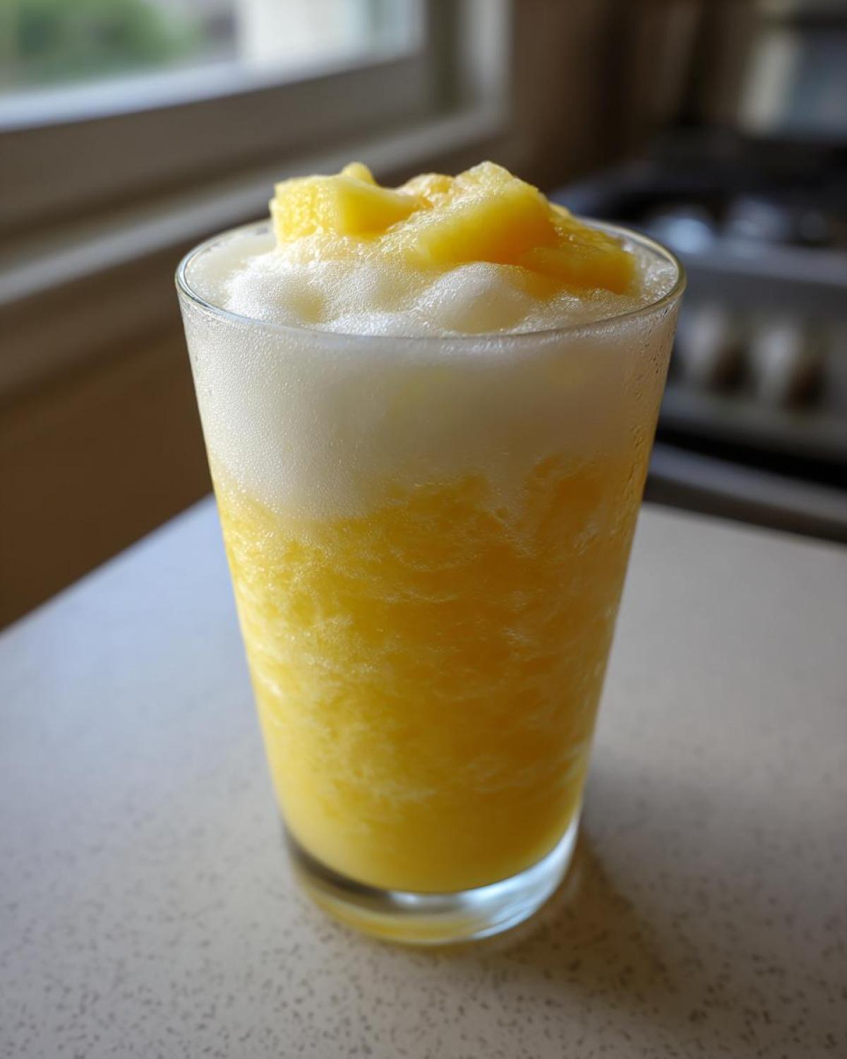 A tall glass filled with a vibrant yellow Pineapple Coconut Smoothie, topped with foam and chunks of pineapple.