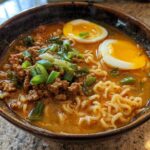 A close-up of a bowl of Spicy Miso Ramen featuring noodles, ground meat, and two halves of soft-boiled eggs topped with green onions.