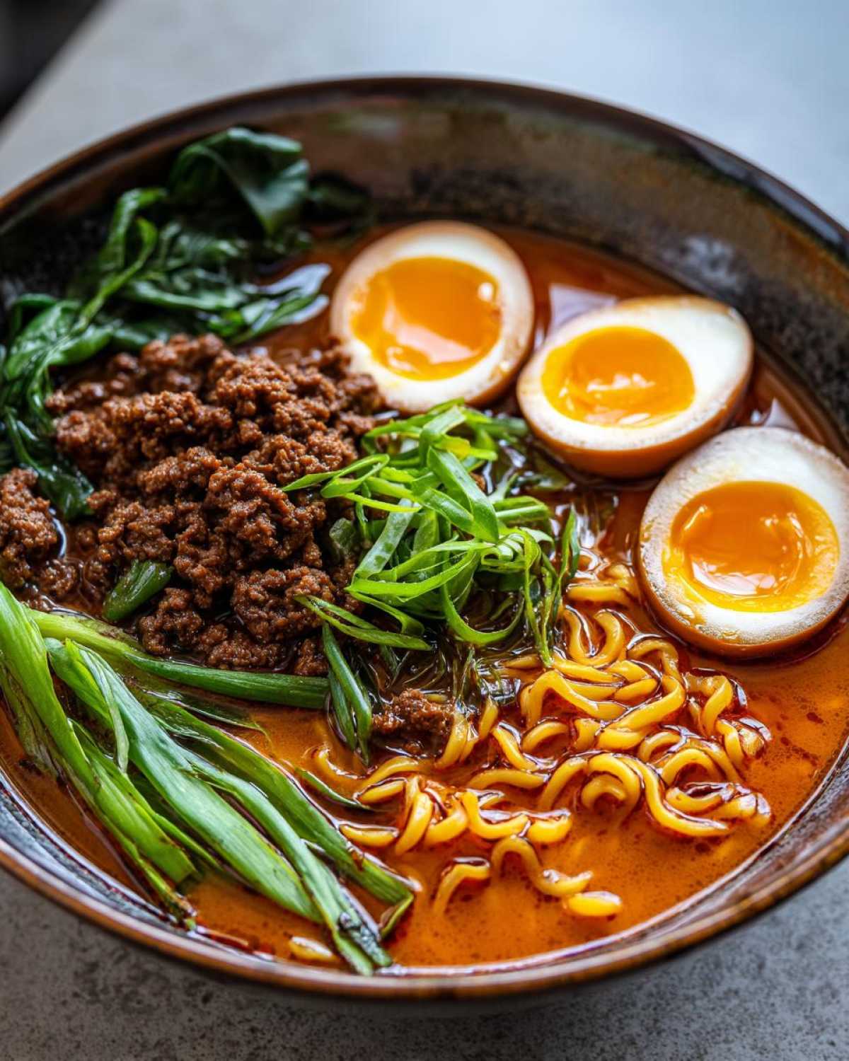 Close-up of Spicy Miso Ramen featuring rich broth, wavy noodles, ground meat, and three halves of soft-boiled eggs.