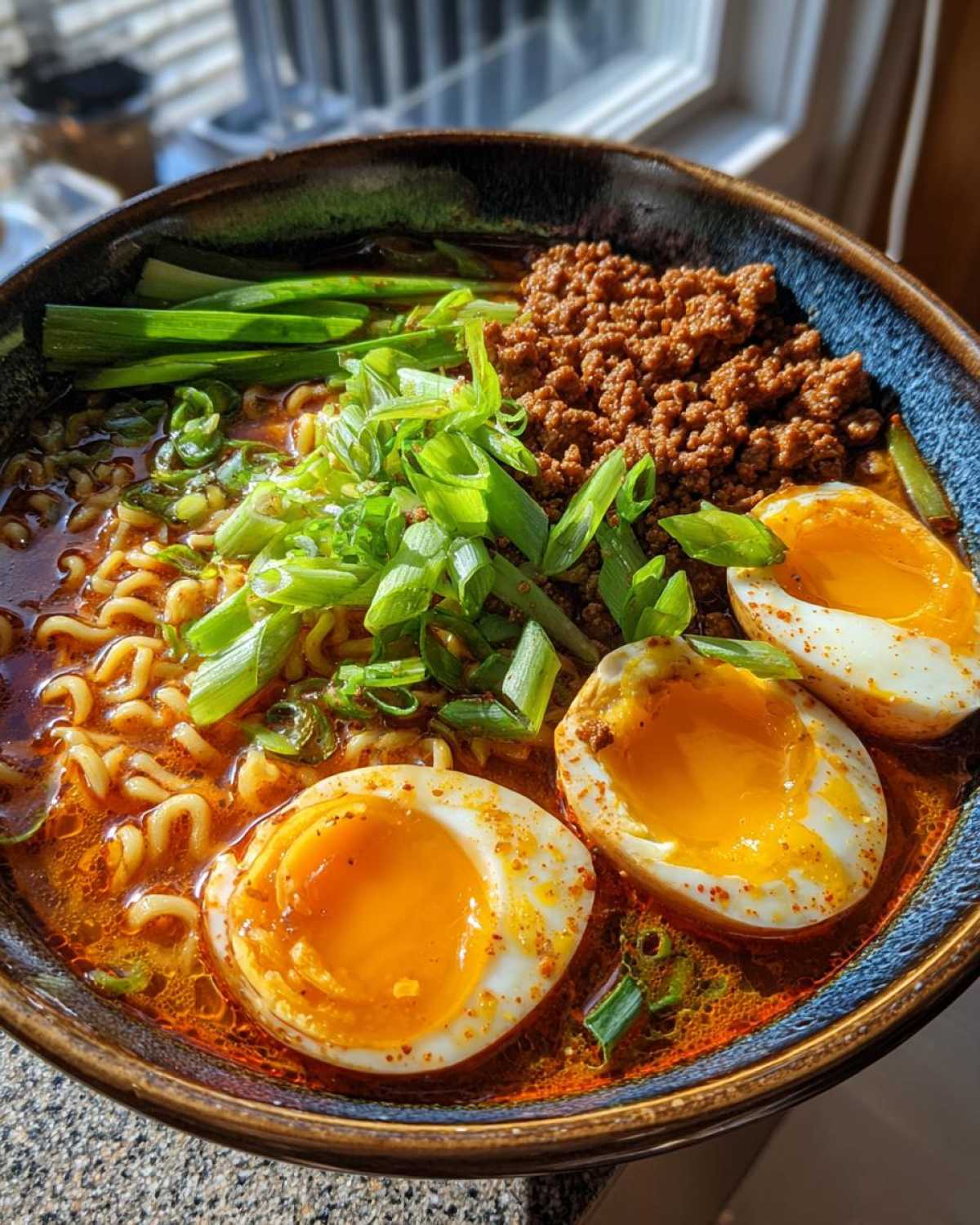 Close-up of Spicy Miso Ramen featuring rich broth, noodles, ground meat, and three halves of soft-boiled eggs.