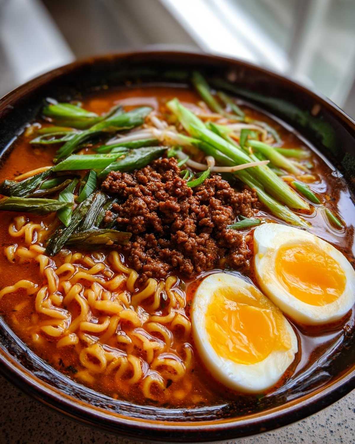 Close-up of Spicy Miso Ramen featuring ramen noodles, ground meat, green onions, and two halves of a soft-boiled egg.
