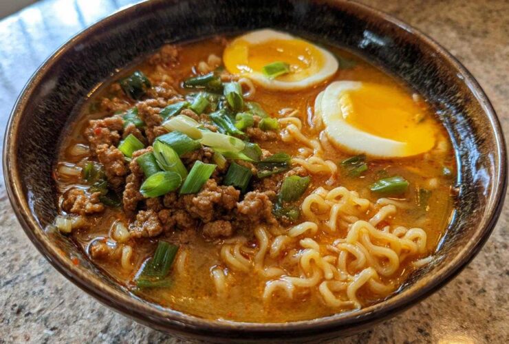 A close-up of a bowl of Spicy Miso Ramen featuring noodles, ground meat, and two halves of soft-boiled eggs topped with green onions.