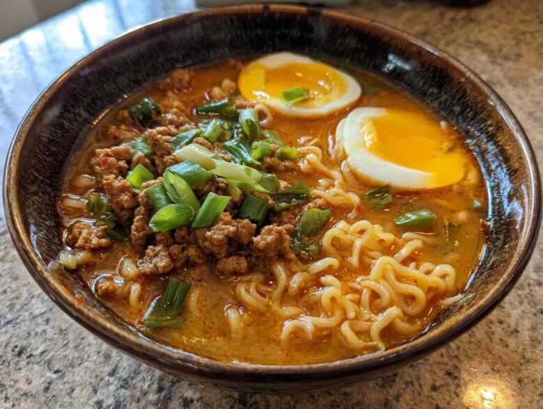 A close-up of a bowl of Spicy Miso Ramen featuring noodles, ground meat, and two halves of soft-boiled eggs topped with green onions.