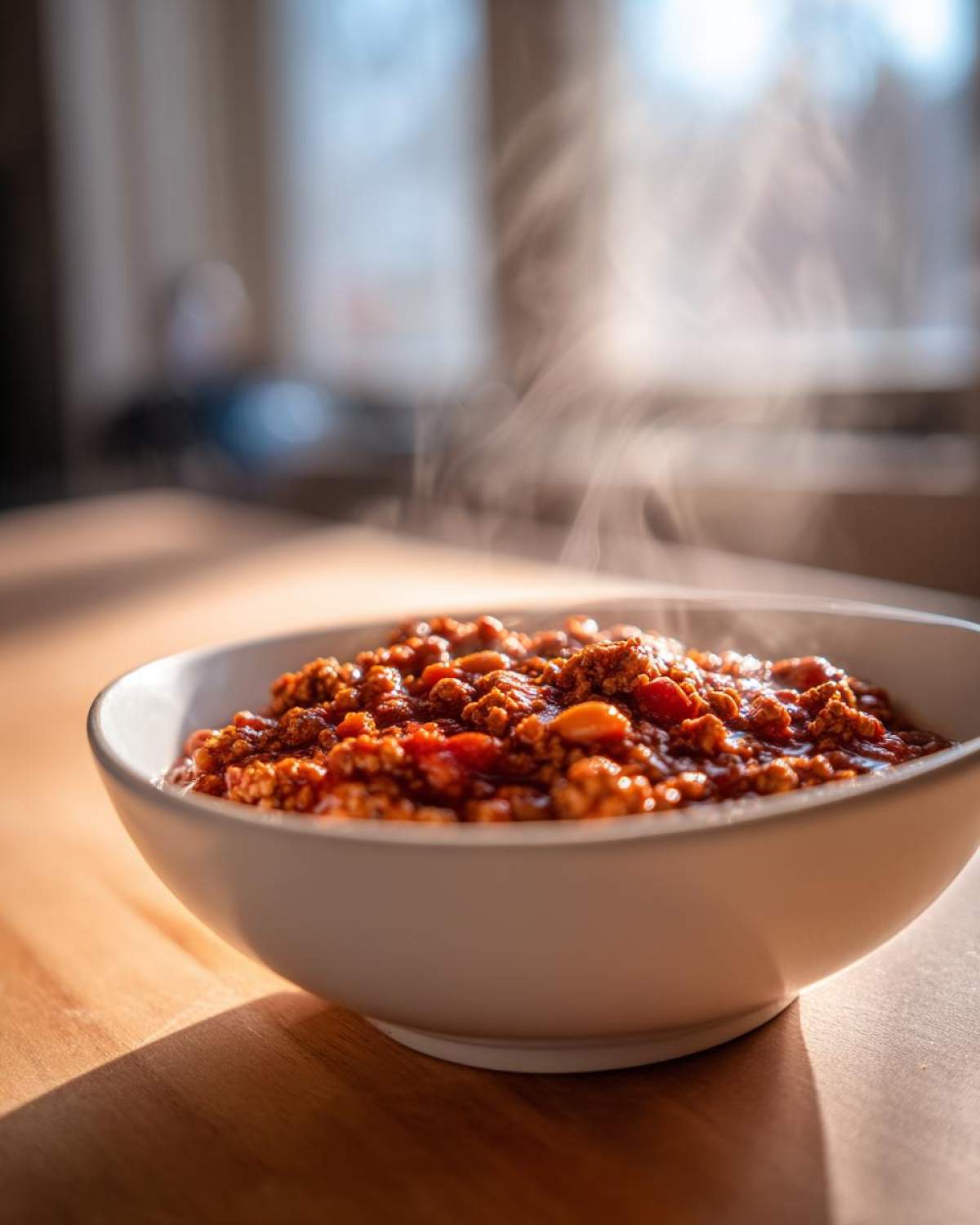 A close-up of a white bowl filled with hot, steaming Spicy Turkey White Bean Chili, set on a wooden table in natural light.