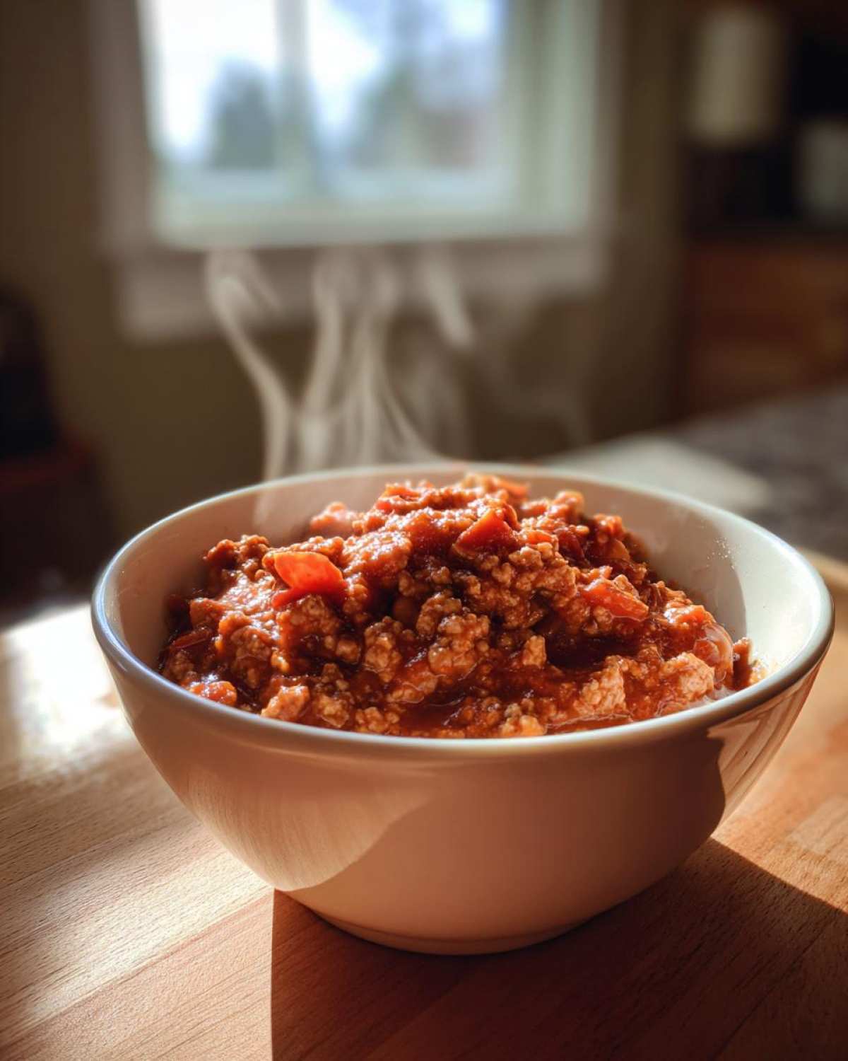 Steaming bowl of rich, red Spicy Turkey White Bean Chili served on a wooden surface.