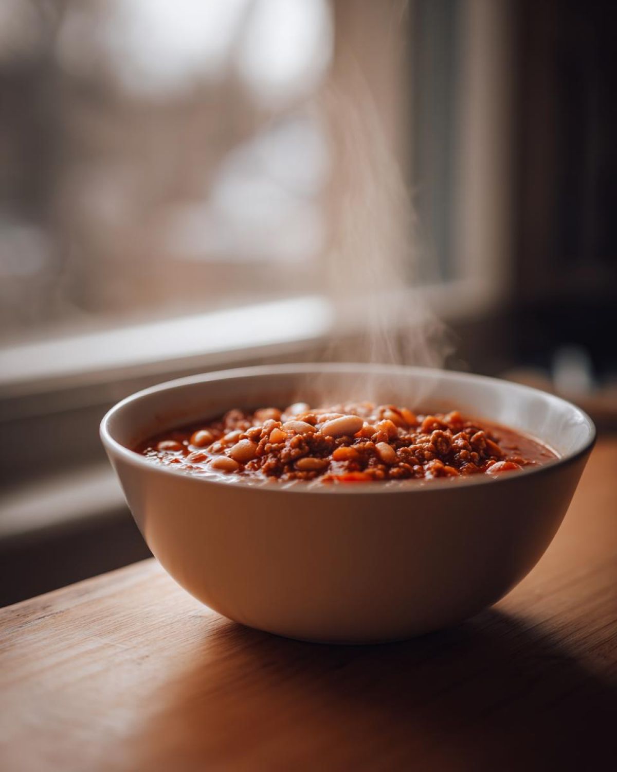 Close-up of a steaming white bowl filled with Spicy Turkey White Bean Chili, featuring ground turkey and white beans.