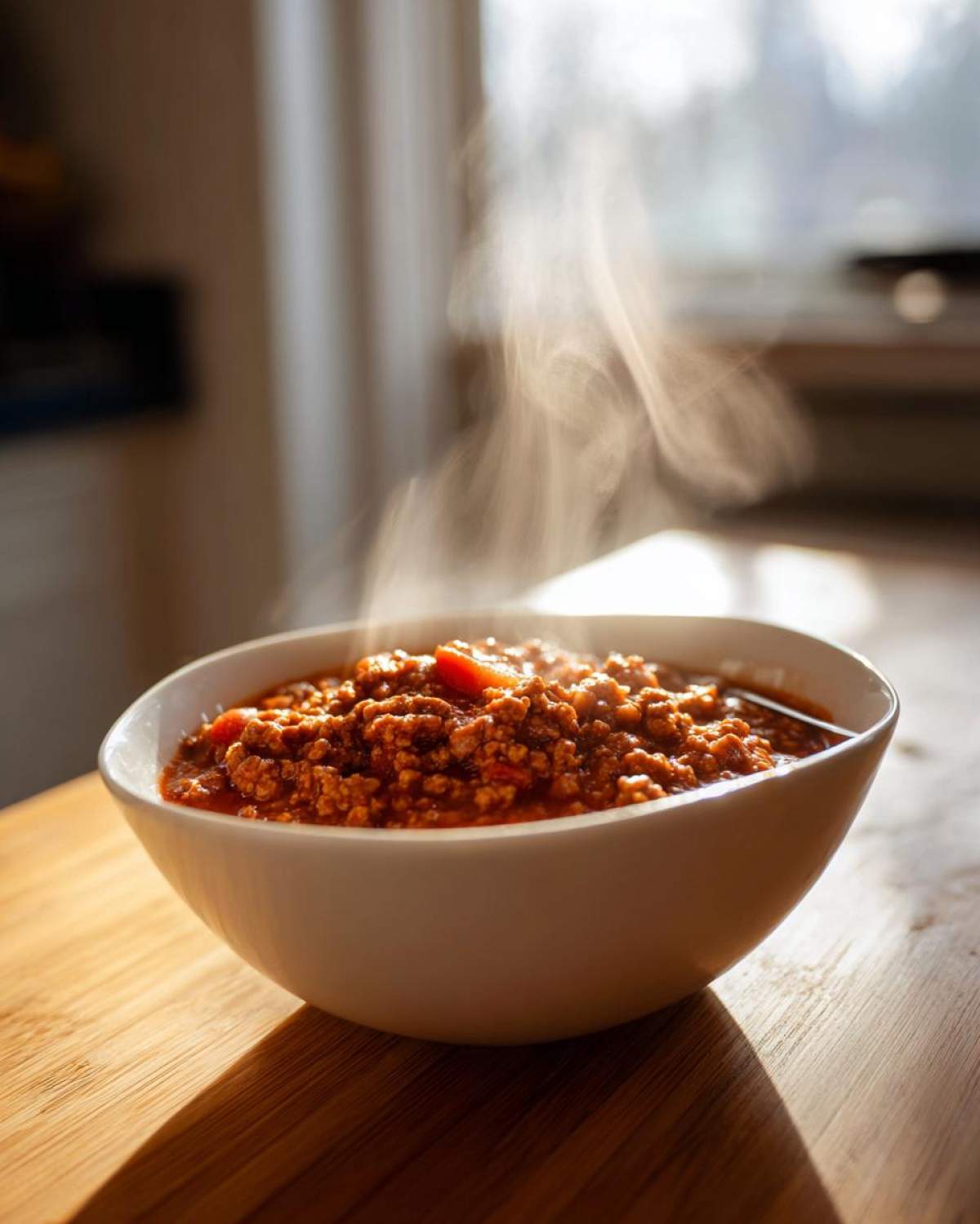 Close-up of a steaming white bowl filled with rich, hearty Spicy Turkey White Bean Chili on a wooden surface.
