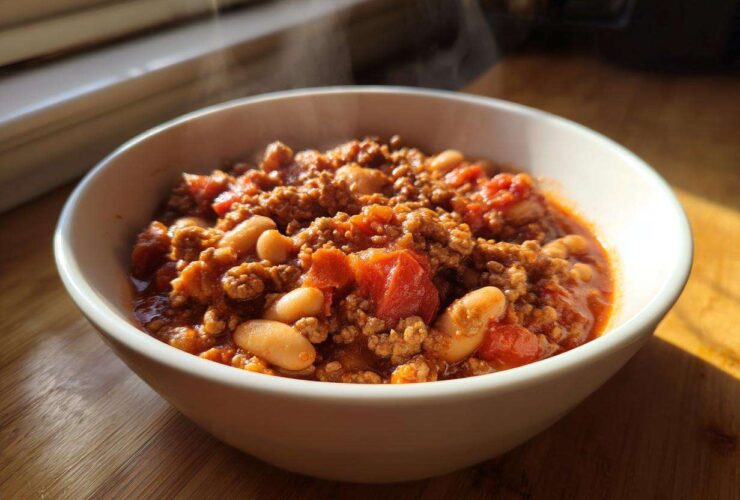 A steaming white bowl filled with rich, thick Spicy Turkey White Bean Chili featuring ground turkey and white beans.