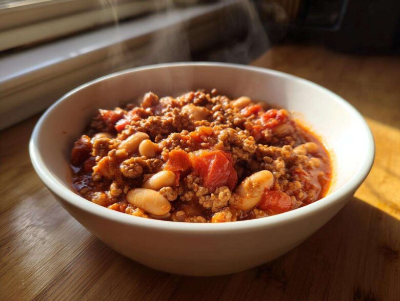 A steaming white bowl filled with rich, thick Spicy Turkey White Bean Chili featuring ground turkey and white beans.