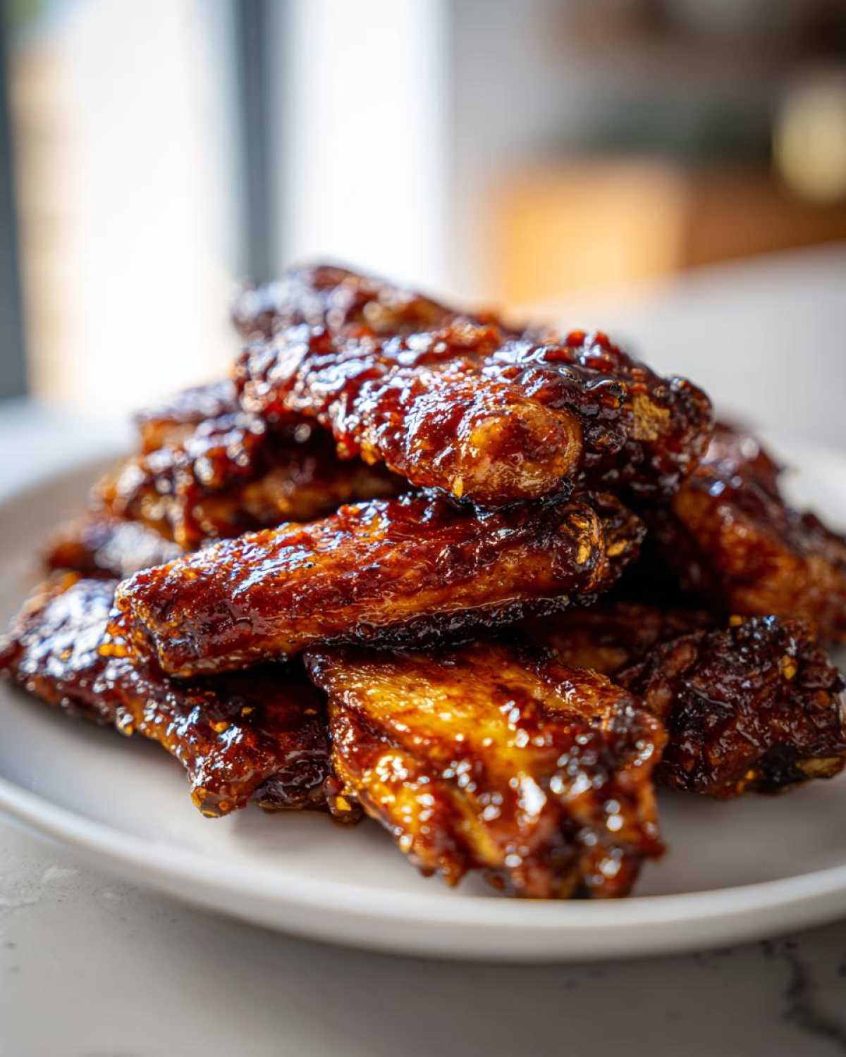 A close-up stack of crispy oven Sticky BBQ Chicken Wings coated in a thick, glossy sauce on a white plate.
