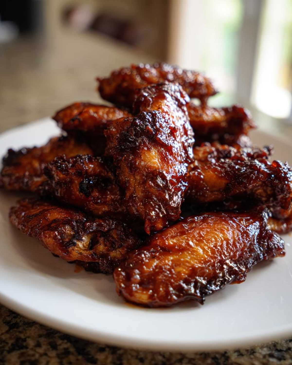 A close-up of crispy oven-baked Sticky BBQ Chicken Wings piled high on a white plate.