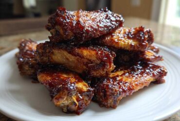 A stack of crispy oven baked Sticky BBQ Chicken Wings glistening with dark, rich sauce on a white plate.