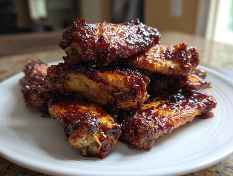 A stack of crispy oven baked Sticky BBQ Chicken Wings glistening with dark, rich sauce on a white plate.
