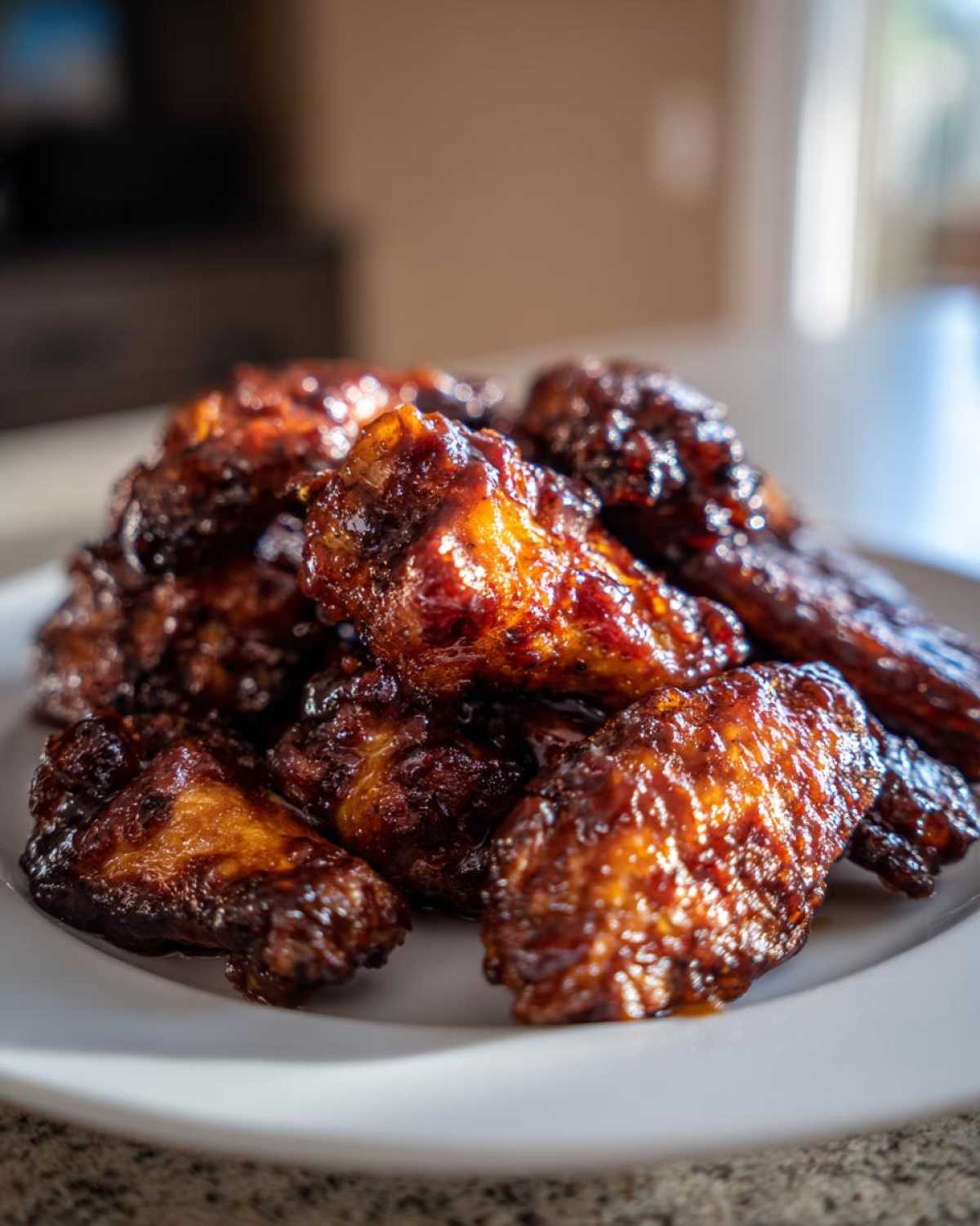 A close-up of freshly baked, glazed Sticky BBQ Chicken Wings Crispy Oven Style piled on a white plate.