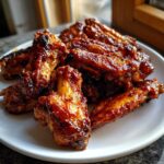 A plate piled high with glistening, crispy Sticky BBQ Chicken Wings baked in the oven.