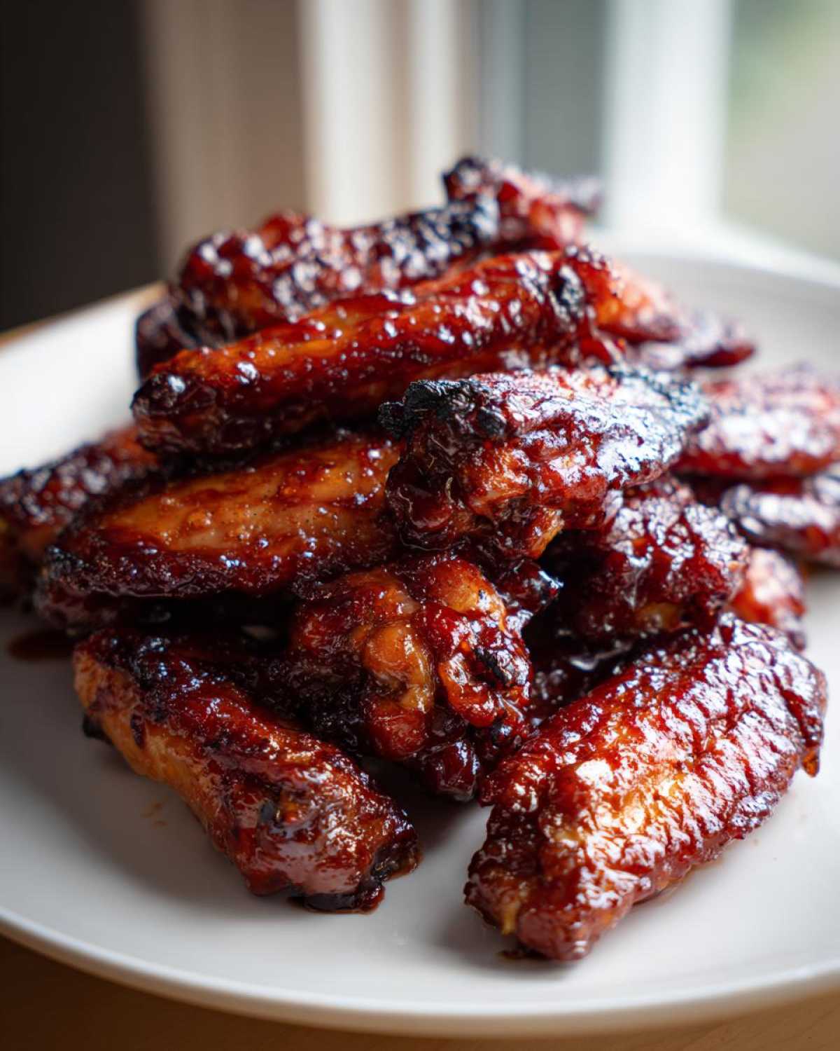 A pile of glistening, dark, sticky BBQ chicken wings, cooked until crispy in the oven.