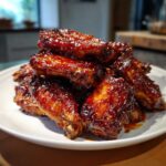 A pile of glistening Sticky BBQ Chicken Wings with Honey Glaze stacked on a white plate.