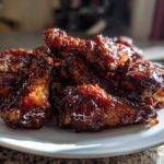 A pile of glistening, dark brown Sticky BBQ Chicken Wings with Honey Glaze served on a white plate.