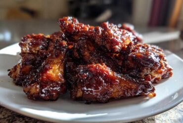 A pile of glistening, dark brown Sticky BBQ Chicken Wings with Honey Glaze served on a white plate.