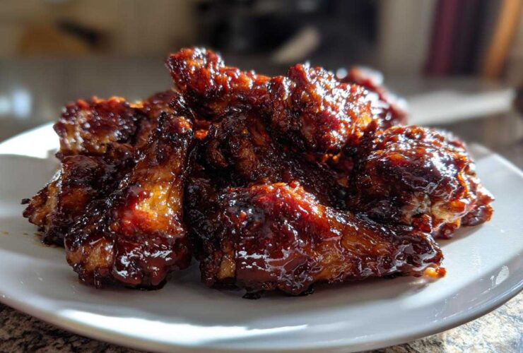 A pile of glistening, dark brown Sticky BBQ Chicken Wings with Honey Glaze served on a white plate.