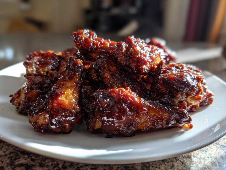 A pile of glistening, dark brown Sticky BBQ Chicken Wings with Honey Glaze served on a white plate.