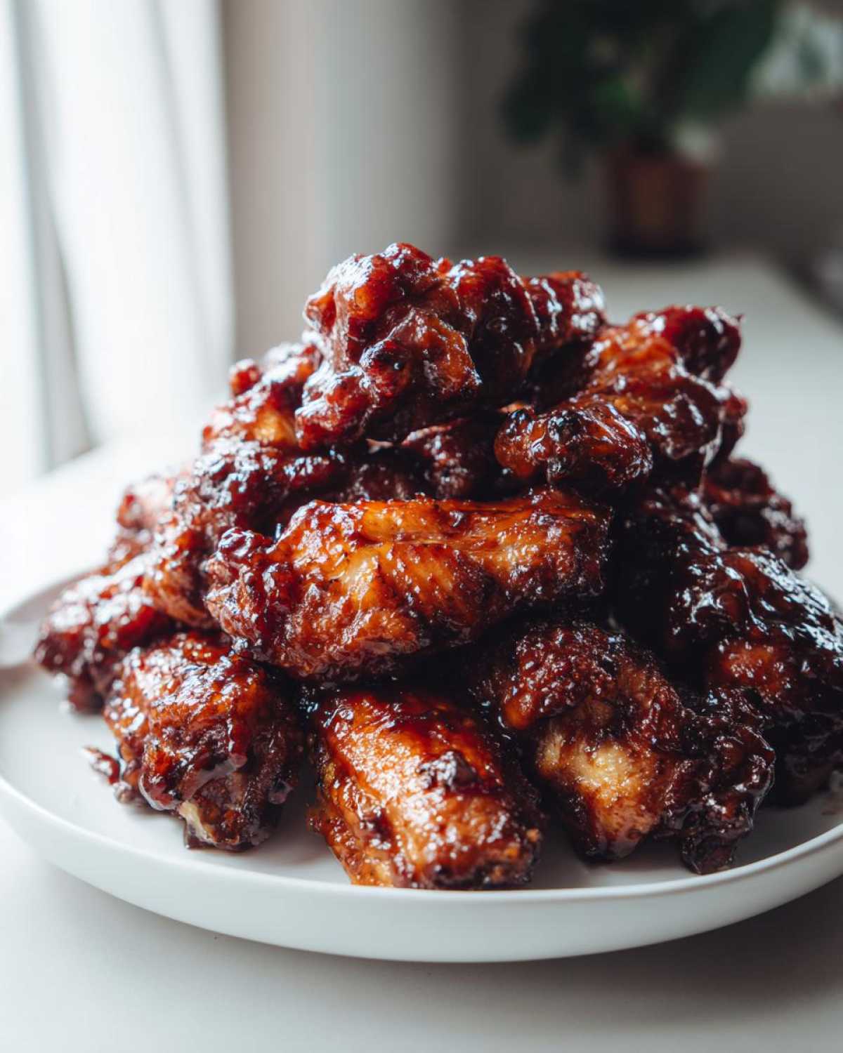 A tall pile of Sticky BBQ Chicken Wings with Honey Glaze glistening under soft light on a white plate.