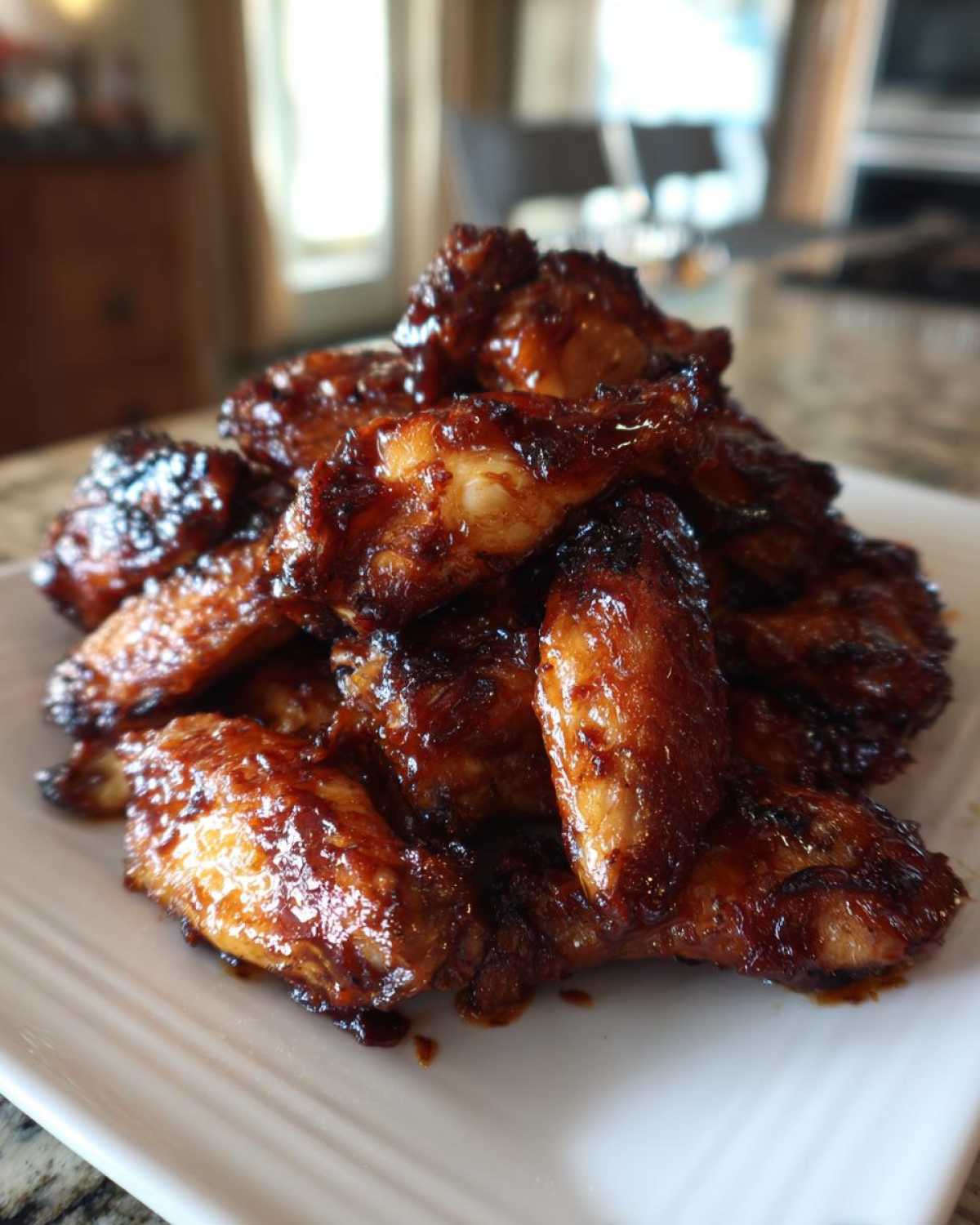 A close-up of a white plate piled high with glistening Sticky BBQ Chicken Wings with Honey Glaze.