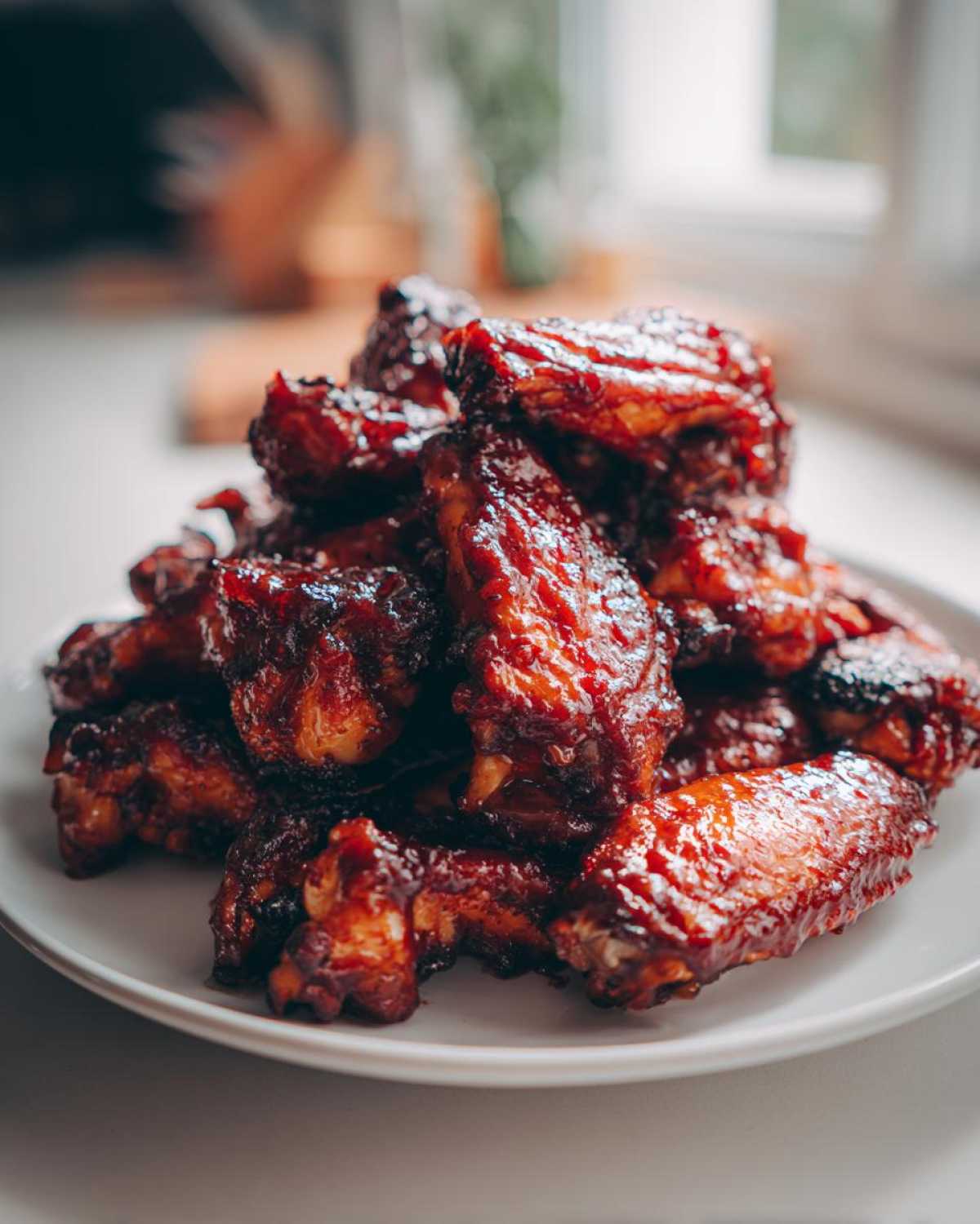A close-up of a pile of glistening Sticky BBQ Chicken Wings with Honey Glaze stacked high on a white plate.
