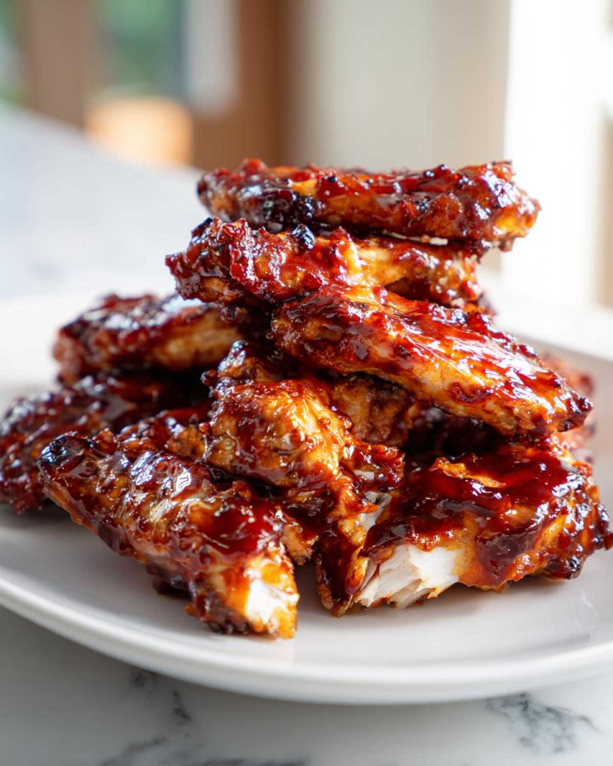 A tall stack of Sticky BBQ Chicken Wings with Honey Glaze piled high on a white plate, showing the glossy sauce.