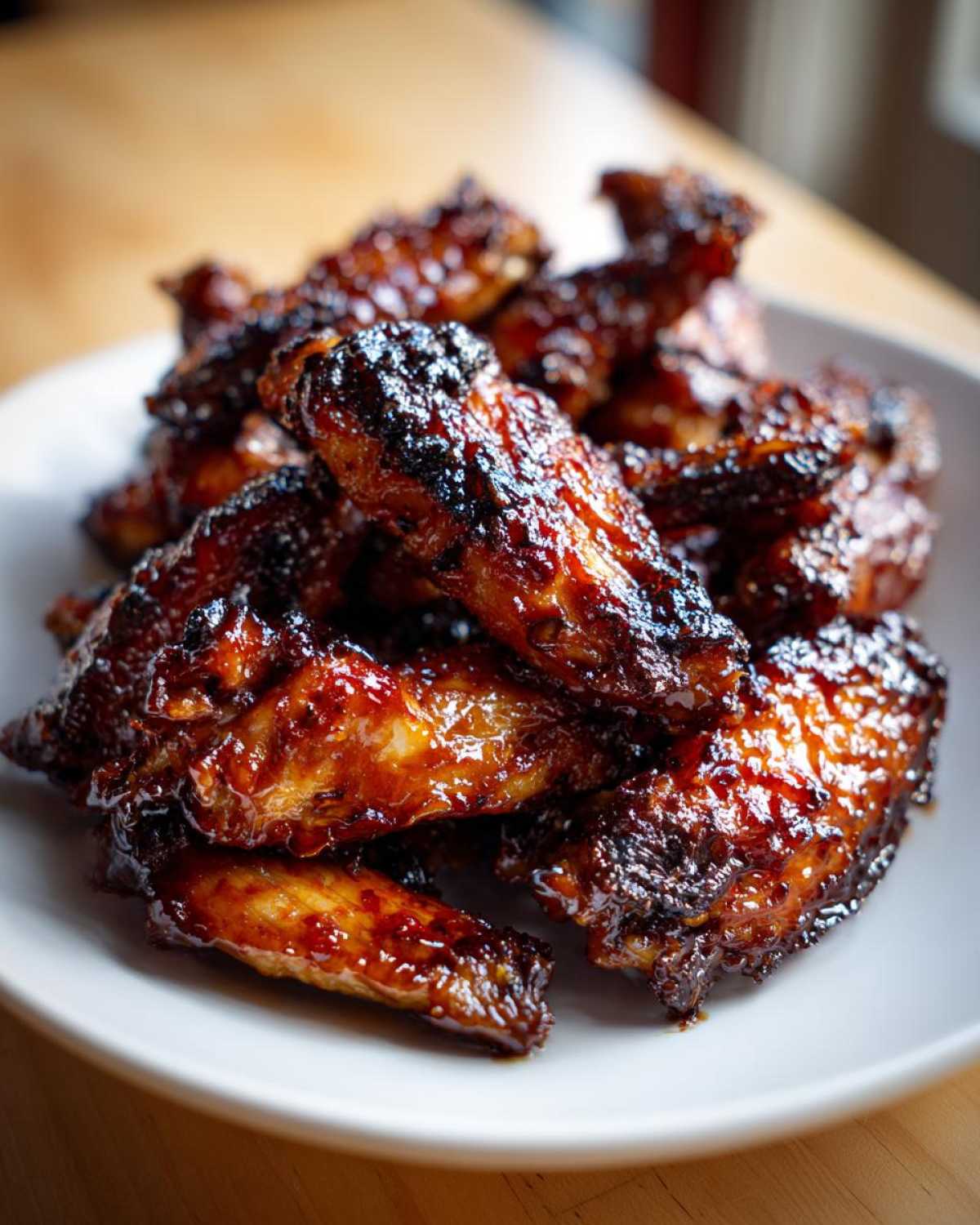 Close-up of a pile of sticky, caramelized Honey Garlic Chicken Wings Oven Baked on a white plate.