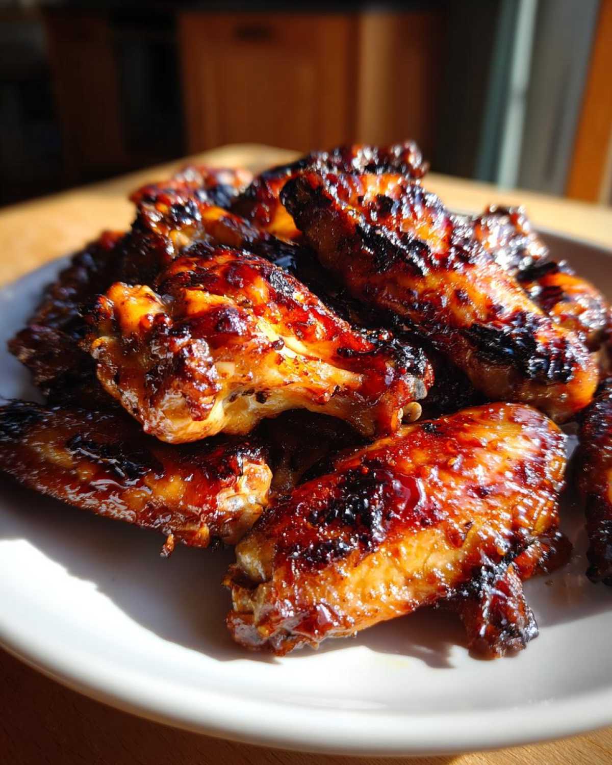 A pile of glistening, caramelized Sticky Honey Garlic Wings Oven Baked served on a white plate.