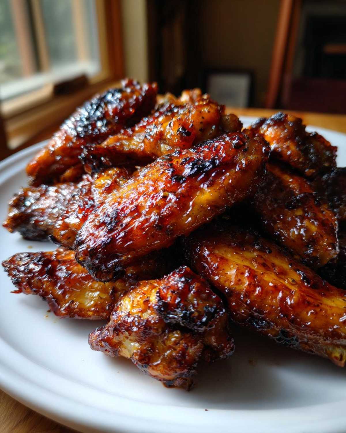 Close-up of a pile of glistening, caramelized Sticky Honey Garlic Wings Oven Baked on a white plate.