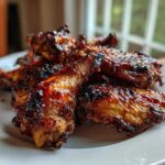 A close-up of several Sticky Honey Garlic Wings Oven Baked, glistening with a dark, caramelized glaze on a white plate.