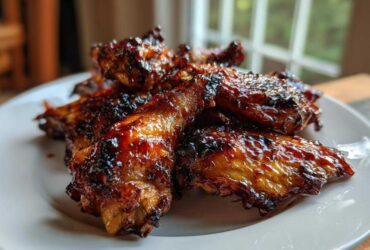 A close-up of several Sticky Honey Garlic Wings Oven Baked, glistening with a dark, caramelized glaze on a white plate.