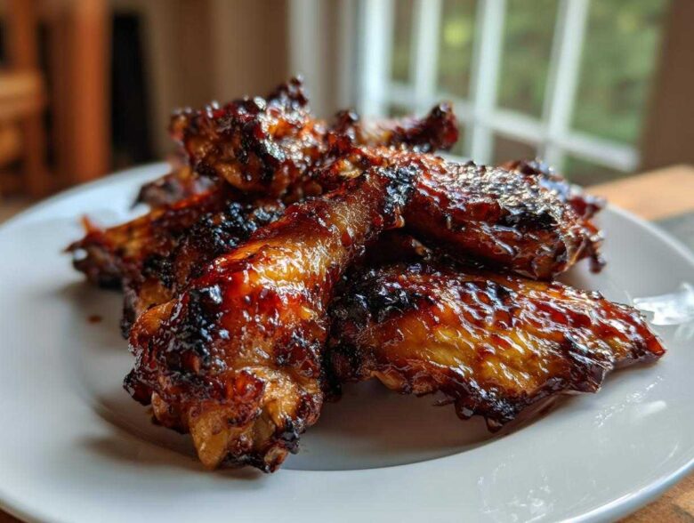 A close-up of several Sticky Honey Garlic Wings Oven Baked, glistening with a dark, caramelized glaze on a white plate.