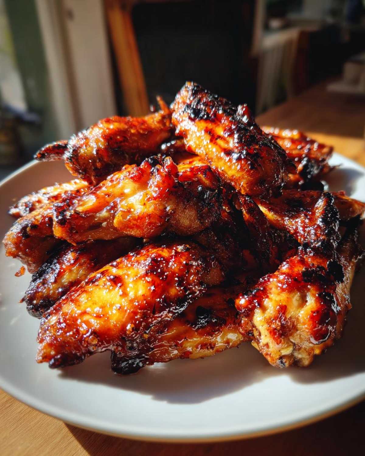A pile of glistening, caramelized Sticky Honey Garlic Wings Oven Baked stacked on a white plate.