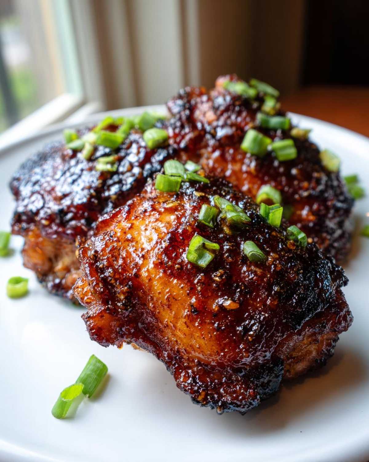 Close-up of three Sticky Honey Soy Chicken Thighs with garlic, coated in a dark, glossy glaze and topped with fresh green onions.