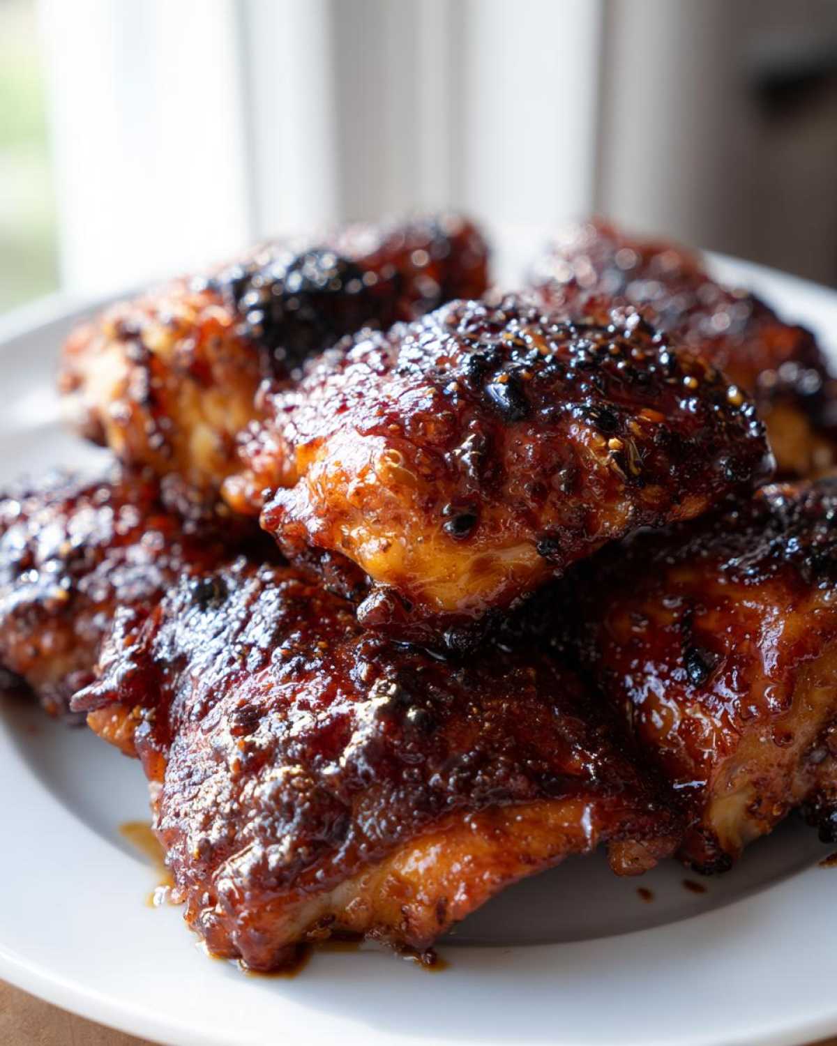 A close-up stack of perfectly glazed Sticky Honey Soy Chicken Thighs with Garlic, glistening under natural light.