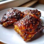 Three pieces of perfectly cooked Sticky Honey Soy Chicken Thighs with Garlic, coated in a thick, glossy glaze.