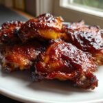 Close-up of several Sticky Honey Soy Chicken Thighs with Garlic, glistening with a dark, caramelized glaze on a white plate.