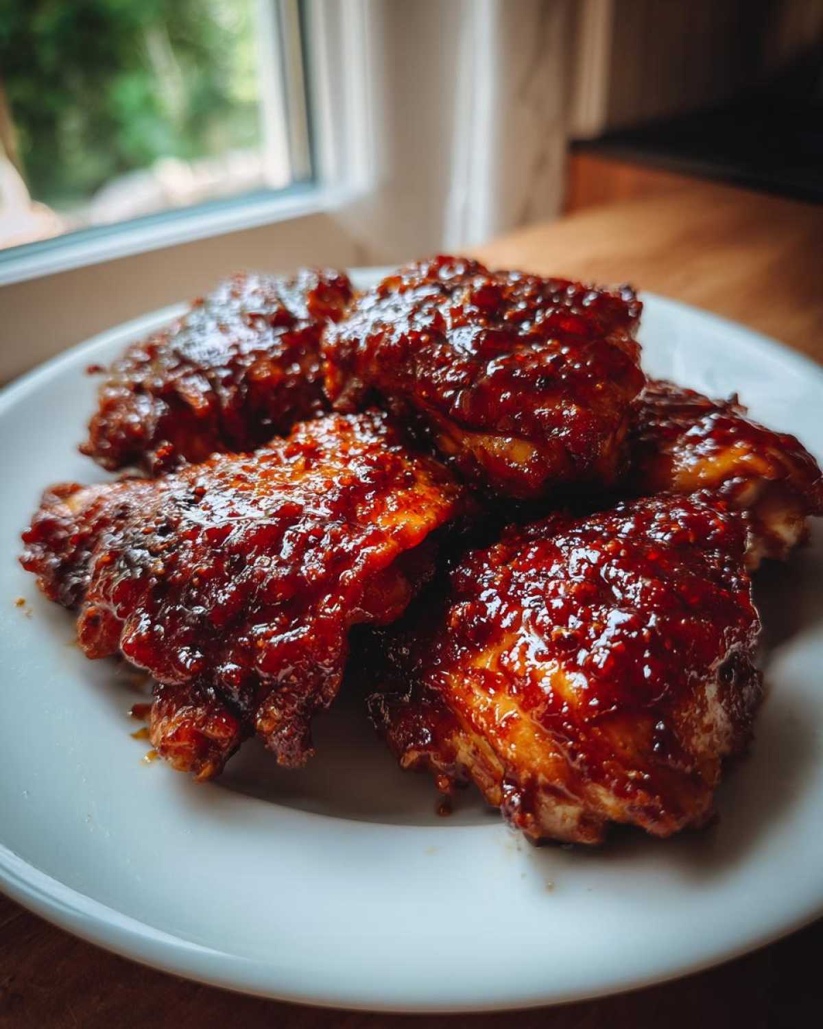 Close-up of several Sticky Honey Soy Chicken Thighs coated in a thick, dark, glossy glaze on a white plate.