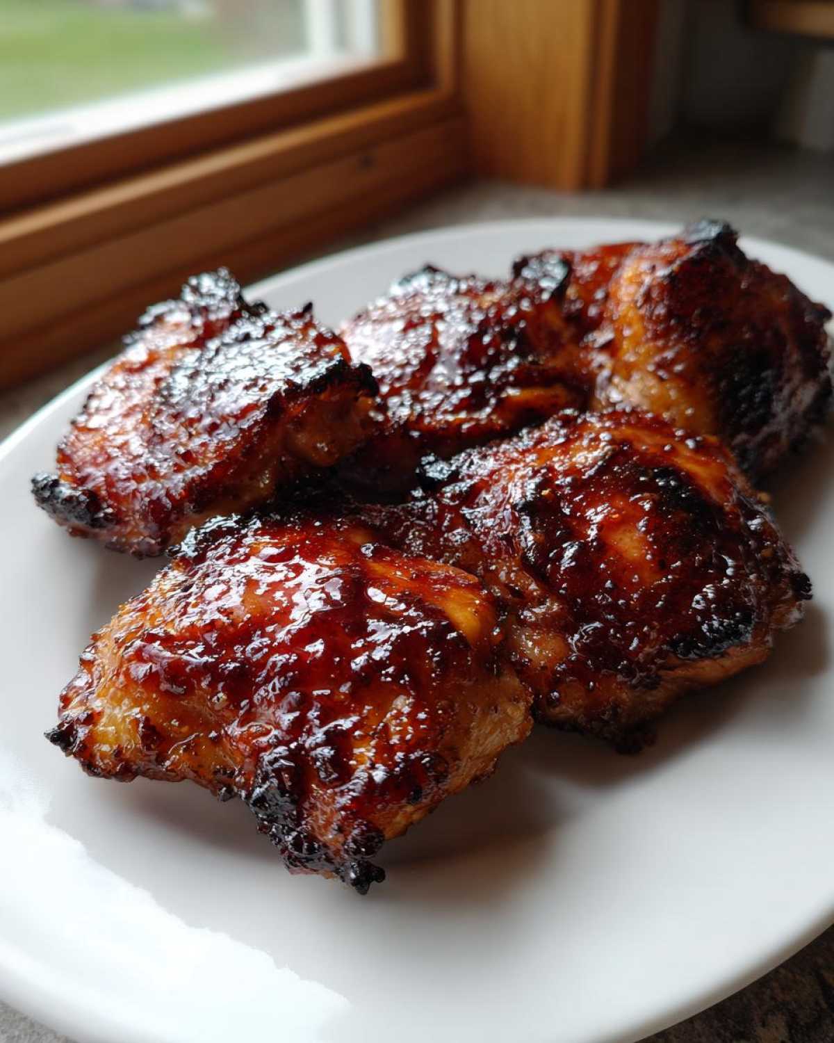 Four pieces of beautifully glazed Sticky Honey Soy Chicken Thighs with garlic, showing a dark, shiny, caramelized coating.