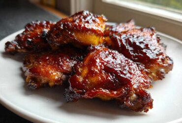 Close-up of several Sticky Honey Soy Chicken Thighs with Garlic, glistening with a dark, caramelized glaze on a white plate.