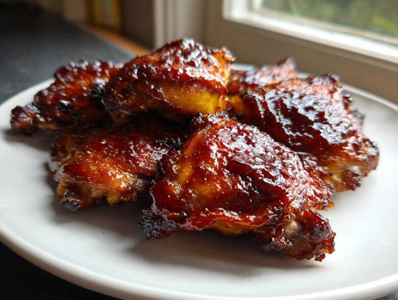 Close-up of several Sticky Honey Soy Chicken Thighs with Garlic, glistening with a dark, caramelized glaze on a white plate.