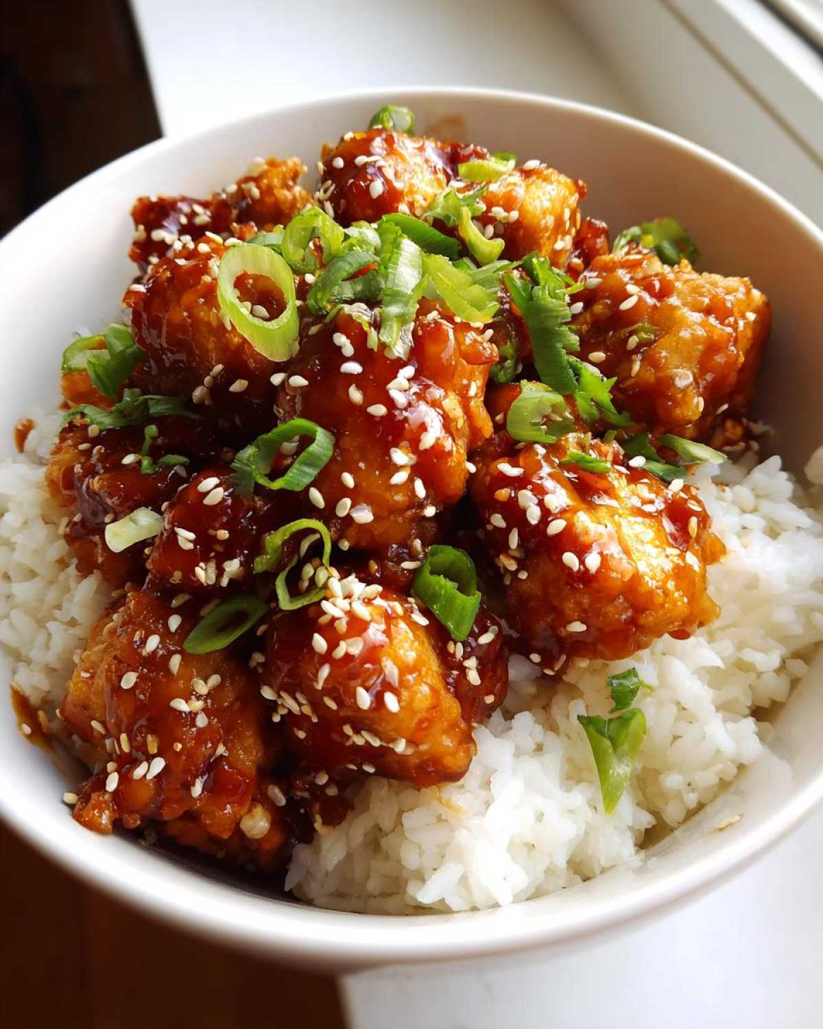 Close-up of a white bowl filled with white rice topped with glazed Sticky Orange Chicken Bowl with Rice and Veggies, garnished with sesame seeds and green onions.