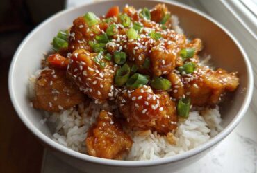 Close-up of a Sticky Orange Chicken Bowl with rice, topped with sesame seeds and chopped green onions.