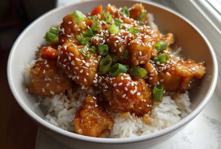 Close-up of a Sticky Orange Chicken Bowl with rice, topped with sesame seeds and chopped green onions.