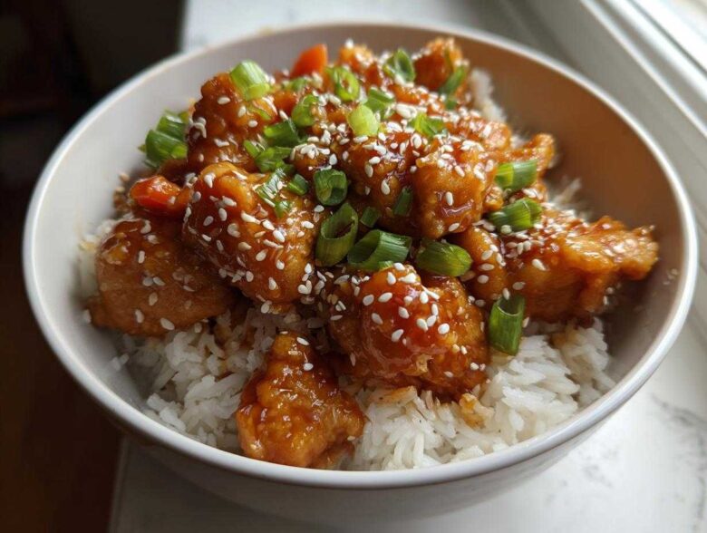 Close-up of a Sticky Orange Chicken Bowl with rice, topped with sesame seeds and chopped green onions.