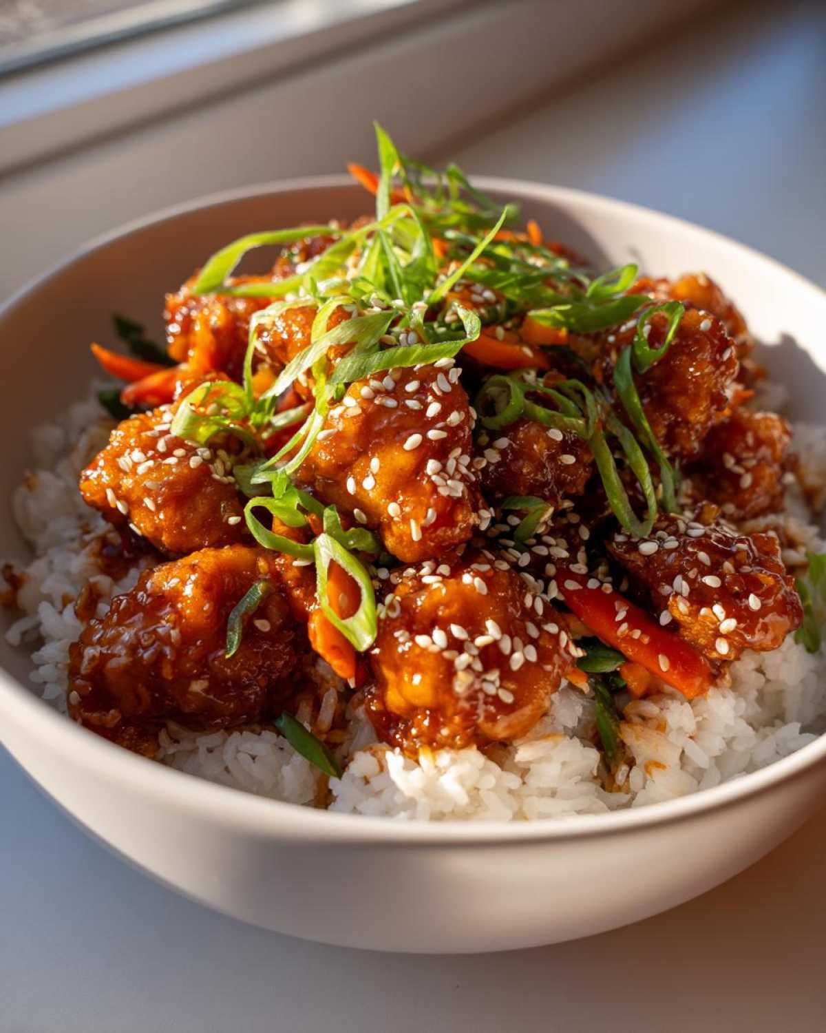 Close-up of a Sticky Orange Chicken Bowl featuring glazed chicken pieces over white rice, topped with sesame seeds and green onions.