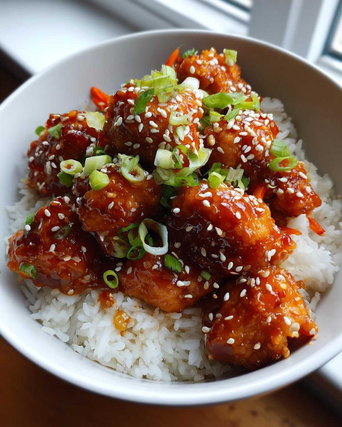 Close-up of a Sticky Orange Chicken Bowl featuring glazed chicken pieces over white rice, topped with sesame seeds and green onions.